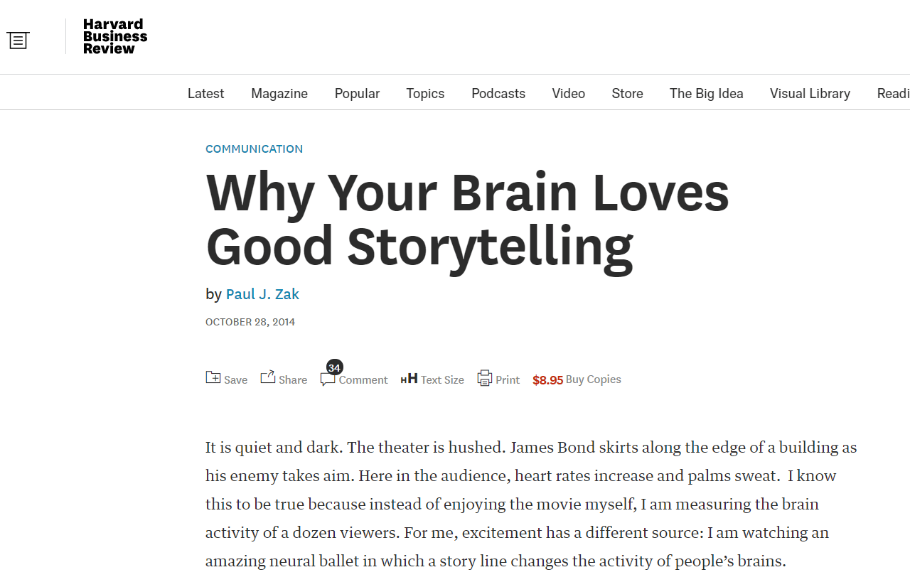 A screenshot of a Harvard Business Review article "Why Your Brain Loves Good Storytelling"